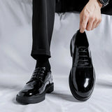 Breakj 2023 New Men's Daily Round Head Low Top Round Head Thick Bottom British Wind Bright Face Patent Leather Business Shoes