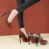 Rubber Bottom High Heels Shoes Women Pumps Flock Leopard Print Sexy Stilettos Party Heeled Designer Shoes Large Size
