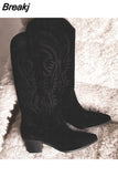 New Mid Heel Cowboy Boots for Women Pointed Toe Women's Shoes Embossing Suede Leather Shoes Mid-Calf Chunky Wedges