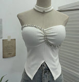 Thai-Style Hanging Neck Small Sling With Drill With Chest Pad Irregular Wearing Sleeveless Knitting Top
