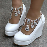 Queen Ankle Strap Wedges Pumps Large Size Bridal Women Rhinestone Platform Shoes Mary Jane High