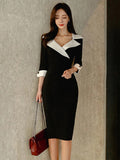 Fashion Elegant Office Lady Women Dress Sexy Retro Casual Turn-Down Collar Black Formal Slim Midi Party Pencil Femme