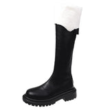 Winter Platform Boots Leather Fur Boots Thigh High Flat Boots Black White Botas Knee High Shoes Goth Punk Riding