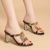Diamond Sandals, Women's High-Heeled Slippers, Summer Rough Heels With Diamond-Encrusted Crystals, Fashionable Heels, Sandals And