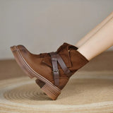 Autumn British Style Retro Thick Heels Buckles Genuine Leather Women Mid-Calf Half Motorcycle Boots Winter Plush