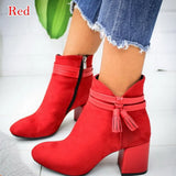 Red Tassel Ankle Shoes Women's Shoes Single Boots Autumn Winter Pointed Toe Thick with Short
