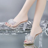 Breakj Drill Bow One-Word Slippers Women Summer Sexy Crystal And High-Heeched Cool Slippers Transparent