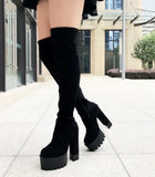 Long Boots Suede 14Cm High Heel Womens Boots Waterproof Platform Square Heel High Tube Boots Sexy Stretch