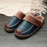 Men Slippers Black New Autumn PU Leather Slippers Warm Indoor Slipper Waterproof Home Shoes Men Warm Leather