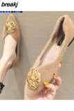 Metal Buckle Mink Fur Ballet Flats Women Pointed Toe Warm Plush Loafers Female Outdoor Winter Mules Shoes Big size