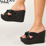 2023 New Summer Fashion Pink Women Slipper High Wedges Platform Sandals Shoes Ladies Peep Toe Slip On Outdoor Beach