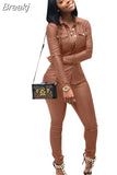 Spring 2023 PU Leather Two Piece Sets Women Lapel Button Long Sleeve Shirt Top And Pants Outfits Sexy Party