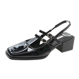 Spring New Retro Small Leather Shoes Square Head Double Buckle Strap Mary Jane Thick Heels Sandals for