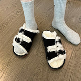 Winter Women Buckle Fluffy Slipper Casual Fashion Platform Soft Artificial Fur Slides