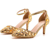 Breakj Cm Large-Size Sandals Fine Heel Head Water Drill High Heel Sandals Gold Water Drill High Heels Wedding