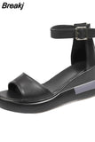 2023 Women Wedges Pu Leather Sandals Buckle Strap Korean Style Solid Platform Side Open Casual Ladies Slingbacks