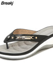 Women Outside Slippers Summer Mature Wedges Flip Flops Fashion Metal Button Platform Sandals Casual Lady Slides Beach
