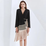 Indie Folk Blazer For Women V Neck Long Sleeve Patchwork Tassel Lace Up Hit Color Coat Female 2022