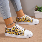 Women's Sunflower Print Canvas Shoes, Casual Round Toe Lace Up Low Top Sneakers, Comfy Flat Walking