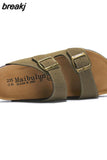 2023 New Summer Men Cork Slipper Casual Beach Double Buckle Non-slip Outside Nubuck Leather Slip on Slides