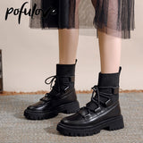 Autumn Winter Women's Boots Black White Ankle Boots Knit Leather Short Booties Woman Fall Shoes Punk Goth