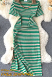 Style Striped Dress Women 2023 Fashion Summer Polo Dress Casual Short Sleeve Slim Drawstring Ruched Split Long Maxi