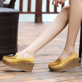 Leather Wedge Platform Shoes Ladies Slip On Crystal Flat Shoes High Heel 7cm Thick Sole Shallow Flats Casual