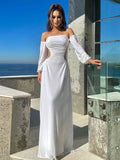Elegant Folds Hollow Out Evening Gala Dresses Women Autumn Long Sleeve Slash Neck Backless White 2021 Sexy Long