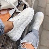 Women Autumn Pu Leather Sneakers Sewing Lace-Up Platform Flats Vulcanized Shoes Thick Sole Brief Casual White Black Canvas