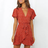 2021 Summer Boho Printed Mini Dress Women V Neck Holiday Beach Dresses A Line Short Sleeve Ruffle Wrap Dress