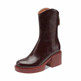 Women Genuine Leather Western Boots Round Toe Zipper Shoes Platform Thick High Heel Short Boots Autumn Winter Wine