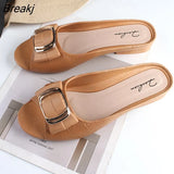 Ladies Sandals Summer Half Slippers Women's Fashion Square Buckle Casual Thick Heel Outer Wear Flat