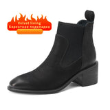 Ankle Boots Women Cow Leather Block High Heels Brown Black Chelsea Genuine Leather Short Boot Elegent Bootie Goth