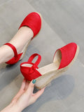 Women Fashion Shoes Sandals Casual Linen Clogs Wedge Sandials Summer Red Pink 6cm High Heel Platform Espadrilles Chunky