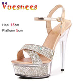 Sequined Slim Heel Women's Shoes Waterproof Platform Peep Toe Sandals Transparent Crystal Sole Sexy Buckle Strap High