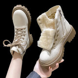 Plush PU Leather Ankle Boots for Women 2023 Winter Warm Flat Heels Cotton Padded Shoes Woman Non Slip Platform Botas