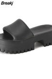 Dropship 2023 Summer Brand New Women Single Band Platform Sandals Black Nylon Chunky Platform Wedges Slipper