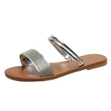 Summer New Women's Fashion Gold Silver Patent Leather Flat Heel Sandals Bling Rhinestone Narrow Band Beach Casual