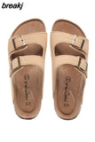 New Summer Men Beach Slipper Couple Shoe Casual Cork Nubuck Leather Women Outdoor Fashion Double Buckle Slide