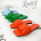 Weave Soft Slippers for Women Summer 2023 Orange PU Leather Beach Flip Flops Female Square Toe Flat Sandals Plus Size