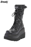 Brand Design Black Gothic Style High Heels Black Front Zipper Ankle Platform Boots Street Cool Woman Wedges