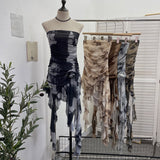Solid Shot Tie Net Yarn Printing Irregular Ribbon Three-Dimensional Flowers Small Man With Chest Short Skirt Dress Dress