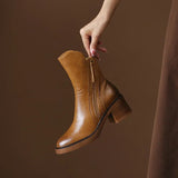 Women's Boots Autumn Leather Short Boots for Women Round Toe Chunky Heel Retro Brown Female Zipper Ankle Boots Botas