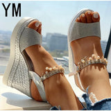 2020 New Women Wedge Sandals Summer Bead Studded Detail Platform Sandals Buckle Strap Peep Toe Thick Bottom Casual Shoes