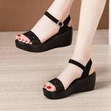 Heel Sandals Women's 2023 Summer New Muffin Thick Bottom Waterproof Table With One-Word Buckle Sequins And Large-Size