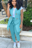 Striped Print Two Piece Set Women Sleeveless Blazer Coat And Sashes Pants Outfits Office Lady Elegant Work 2pcs