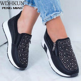 New Women Crystal Sneakers Spring Autumn Casual Zipper Flat Shoes women Non-slip Breathable Outdoor Vulcanized Shoes