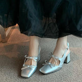 Breakj Senior High-Heeled Women 2025 New Summer Bow Back Space Mary Treasure Shoes Silver Coarse Heel Single