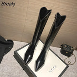 Autumn Winter Boots Women Pointed Toe Long Boots Back Zippers Square High Heel Ladies Western Cowboy Knee High