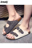New Summer Men Beach Suede Cork Slipper Couple Shoe Casual Nubuck Leather Women Outdoor Double Buckle Slide